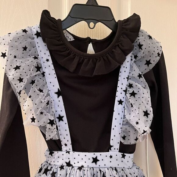 Pippa & Julie Blue Flocked Black Stars Mesh Jumper Dress 2-Pc Girls Size 4 NWT - Picture 2 of 12